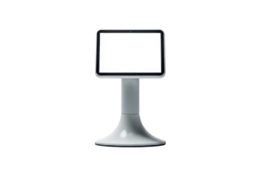 Modern white digital display tablet mounted on a sleek pedestal stand with a blank screen, isolated on transparent background for mockup or presentation use