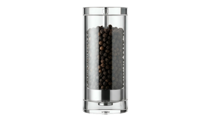 A clear, cylindrical pepper grinder filled with black peppercorns against a black background
