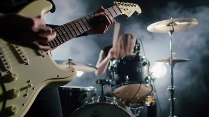 Visceral low angle POV video: guitarist's blurred fingers shred white electric guitar in foreground. Long-haired drummer thrashes in dramatic backlighting, stage smoke, bokeh. Intense rock concert