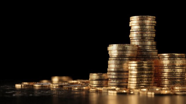 Stacks of Gold Coins on Black Background, Finance Banner