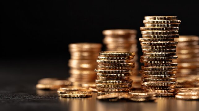 Various Gold Coin Stacks on Dark Backdrop for Investment - Powered by Adobe