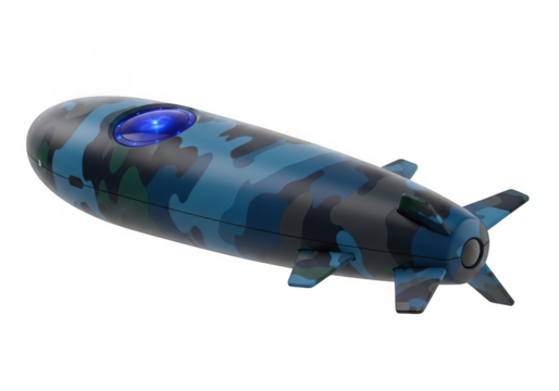 Camouflaged blimp with blue light isolated on transparent background