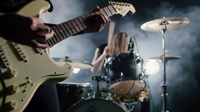 Visceral low angle POV video: guitarist's blurred fingers shred white electric guitar in foreground. Long-haired drummer thrashes in dramatic backlighting, stage smoke, bokeh. Intense rock concert