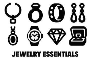 Brutalist Jewelry Icons. Jewelry Essentials silhouette icon set: necklace, ring, bracelet, earrings, pendant, watch, diamond, jewelry box