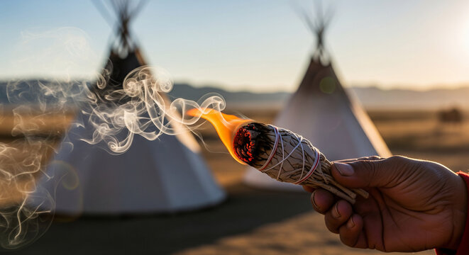 Native American elder lights white sage smudge stick in front of tipis during sunset
