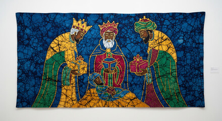 Fototapeta premium Three Wise Men present gifts in vibrant batik textile artwork during holiday season celebration