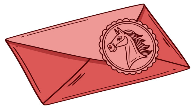 Red envelope with a horse seal hand-drawn vector illustration for correspondence isolated on white background