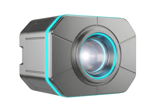 Futuristic metallic device with glowing blue accents isolated on transparent background