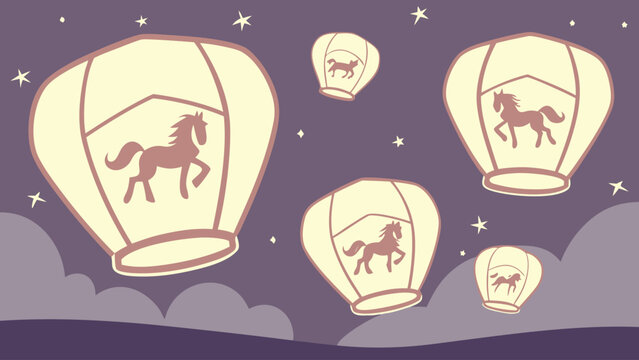 Chinese lanterns with horse symbol floating in the night sky vector illustration for Chinese New Year celebration isolated on purple background