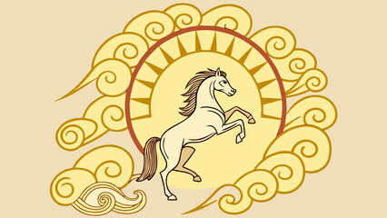 Horse rearing up in a sunburst circle surrounded by clouds vector illustration for mythology and fantasy themes