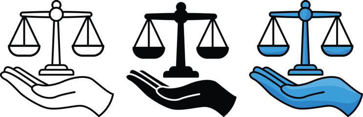 Hand holding the justice balance scales of symbol showing in outline silhouette and flat color styles representing law fairness and equality