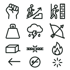 Fototapeta premium Struggle Icons Collection. Struggle Icons linear icon set: clenched fist, uphill path, broken chain link, challenge wall, heavy weight, storm cloud, tense arrow, endurance flame