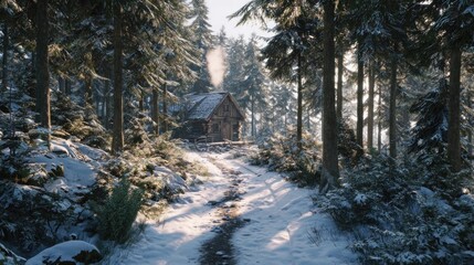 A snowy forest path leading to a cabin with a smoking chimney,