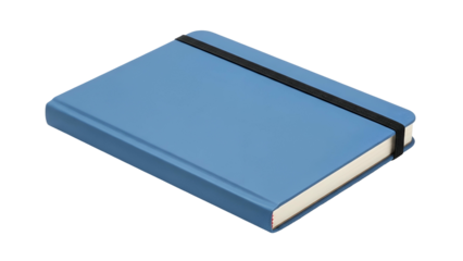 A light blue, rectangular notebook, with a black elastic band closure