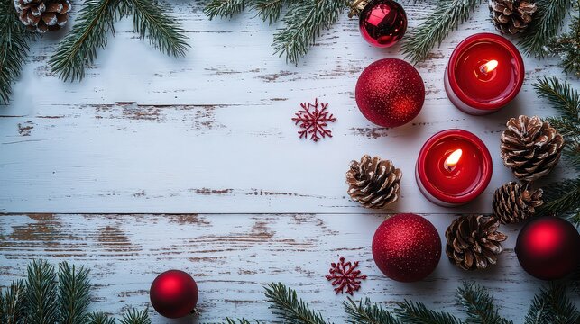 Second Sunday of Advent: During Advent, two red candles are lit, viewed from above. Advent or Christmas background with space for text.