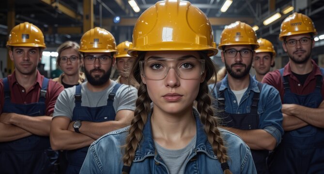 confident female engineer leading a diverse team of construction workers in a modern factory.