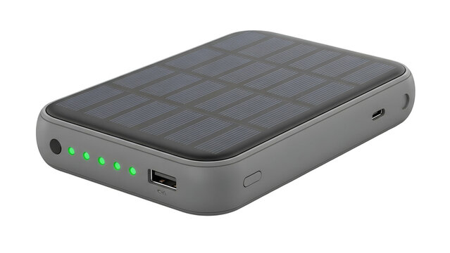 Angled shot of a grey rectangular portable power bank with solar panels and charging indicators