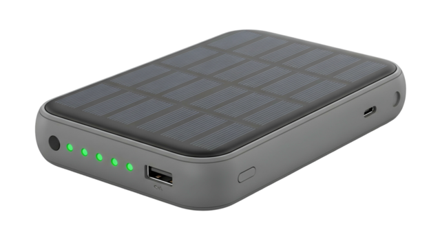 Angled shot of a grey rectangular portable power bank with solar panels and charging indicators