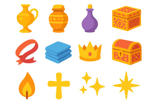 Regal Gift Icon Set. Kings&rsquo; Offerings flat icons set. gold vessel, frankincense jar, myrrh bottle, ornate box, ribbon, folded cloth, crown, jeweled chest, candle flame, cross
