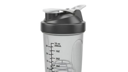 Close-up of a clear plastic shaker bottle with a gray lid, featuring a white flip-top