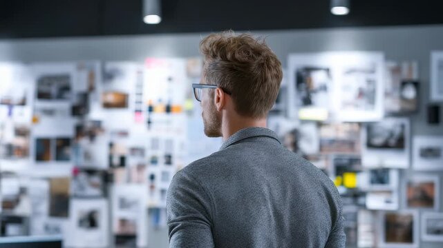 A professional male observes a collage of images and notes pinned to a wall in a contemporary office or studio. The environment conveys a sense of analysis, planning, and strategic thinking