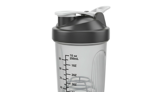 Close-up of a clear plastic shaker bottle with a gray lid, featuring a white flip-top