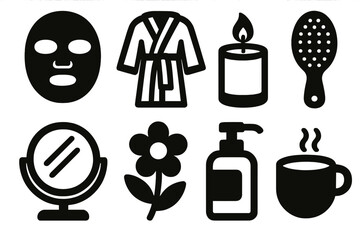 Brutalist Self-Care Icons. Wellness Self-Care Set silhouette icon set. face mask, bathrobe, candle, brush, mirror, flower, lotion, tea.