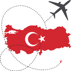 Turkey map vector illustration with national flag, airplane silhouette, and dotted flight path for travel concept
