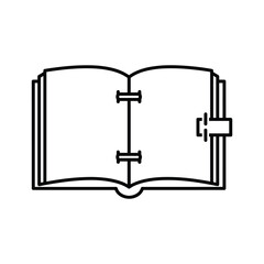 Outline of an open notebook or diary with a clasp, isolated on