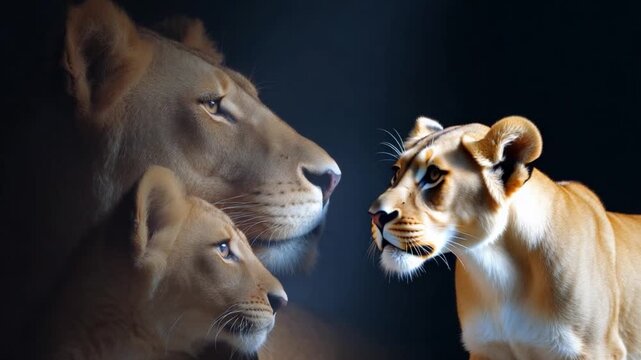 This footage showcases lions in profile. Their powerful presence evokes a sense of majesty. Perfect for wildlife documentaries or nature-related projects. Generative AI