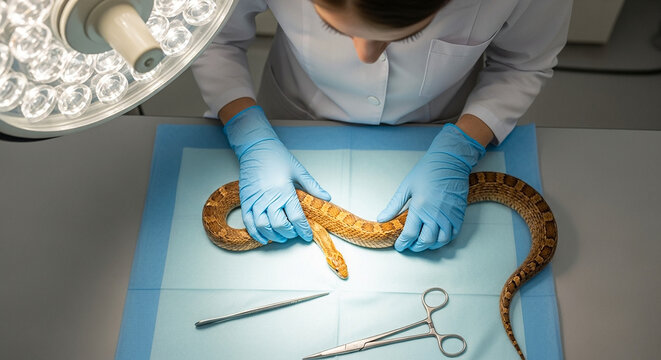 Female doctor examining snake on surgical table, veterinary care and exotic animal medicine - Powered by Adobe