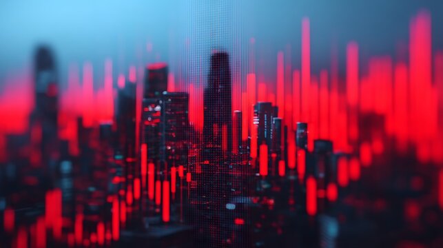 A futuristic city skyline illuminated by vibrant red lights, creating a dramatic visual effect with abstract patterns resembling sound waves.