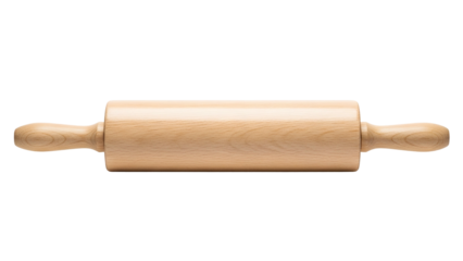 Isolated wooden rolling pin, cylindrical body with handle ends, on black background