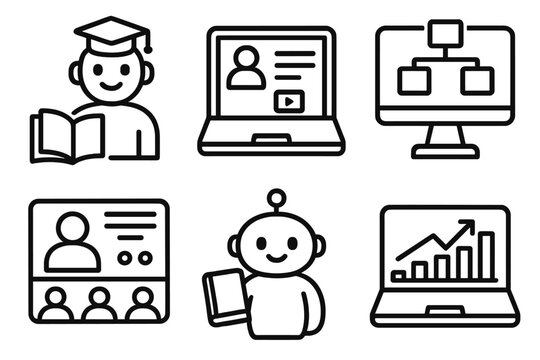 Digital Education Icons. Education AI linear icon set: digital tutor, e-learning platform, adaptive course path, progress graph, study assistant, online classroom