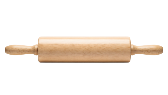 Isolated wooden rolling pin, cylindrical body with handle ends, on black background