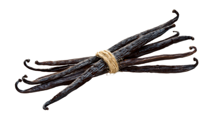 A bundle of vanilla beans tied together with a light brown string, showing the dark brown color and long shape of the pods.