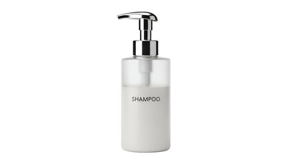 Fototapeta premium A transparent bottle with a silver pump containing shampoo, isolated on black