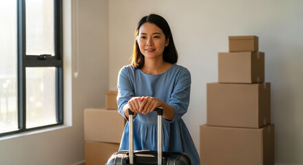 Woman sitting on suitcase and resting, moving day and relocation in modern home