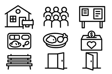 Labor Day Community Icons. Labor Day Collective Support Community linear icon set: community center, gathering crowd, welcome sign, bulletin board, meal tray, donation box, park