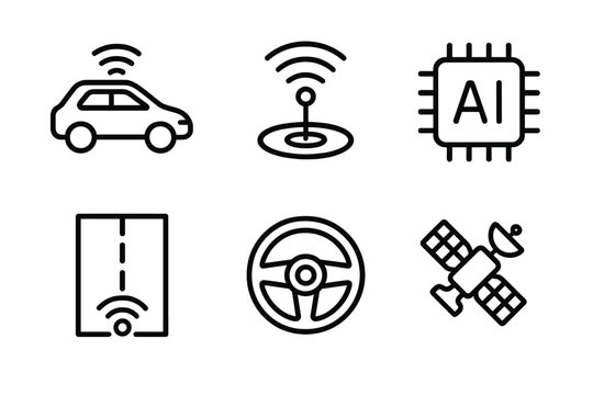 Autonomous Technology Icons. Autonomous Systems linear icon set: self-driving car, radar, AI chip, lane sensor, steering wheel, satellite