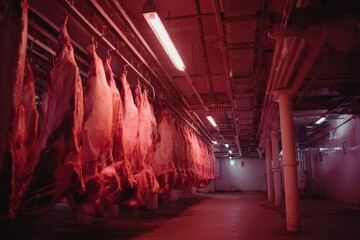 Industrial Meat Processing: Hanging Beef in Cold Room