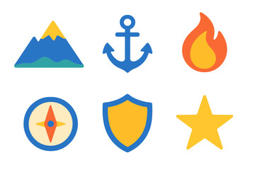 Vibrant Resilience Icons. Resilience Building flat icon set: mountain, anchor, flame, compass, shield, star