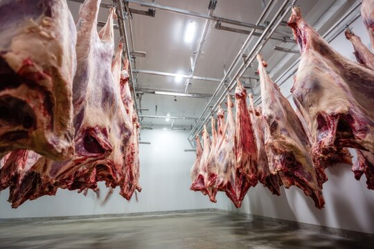Industrial Cold Room with Hanging Beef Carcasses