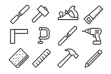Woodworker's Tool Icons. Woodworker&rsquo;s Toolbox linear icon set. chisel, mallet, plane, saw, square, clamp, file, drill, sandpaper, ruler, hammer, pencil. , .