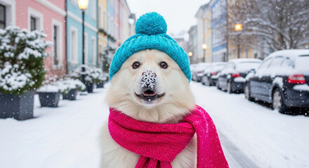 Fluffy dog wearing turquoise hat and pink scarf catching snowflake, joyful winter day in snowy urban street