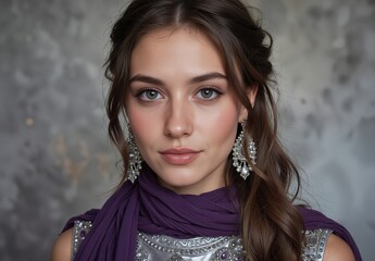 beautiful young woman with elegant makeup and jewelry in purple attire, studio portrait.