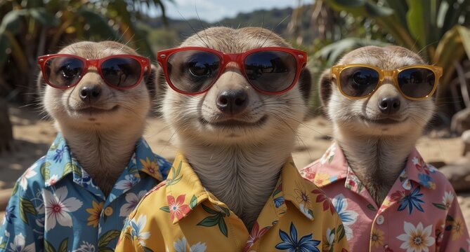 three meerkats wearing colorful hawaiian shirts and sunglasses on a sunny day.