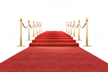 Red carpet with stanchions leading up stairs isolated on white background