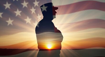 Veteran silhouette with hand over heart against sunrise and American flag, patriotism and military honor