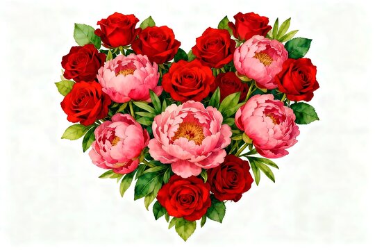 A large heart shape made entirely of blooming red roses, pink peonies, and green leaves, isolated on a clean white background, high resolution, botanical art, vibrant colors, sharp details. - Powered by Adobe